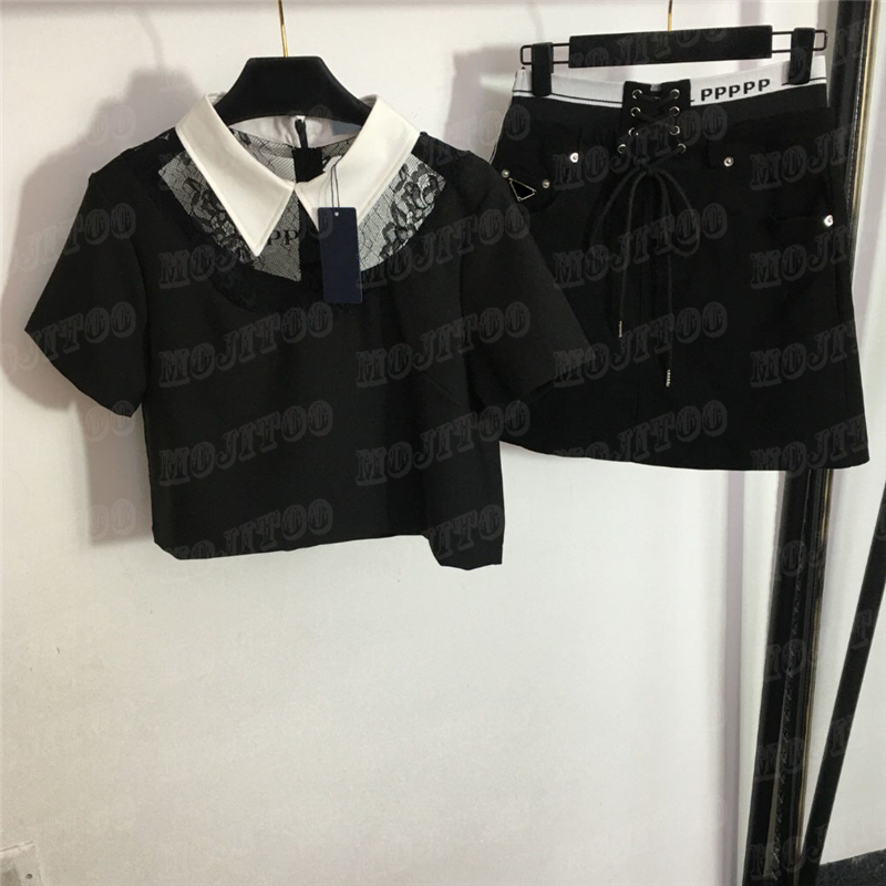 Women Dress Shirts Designer Clothing Sets Flocking Letter Lace Stitching Shirt Top Sexy Black Short Skirt With Tie
Women Dress Shirts Designer Clothing Sets Flocking Letter Lace Stitching Shirt Top Sexy Black Short Skirt With Tie