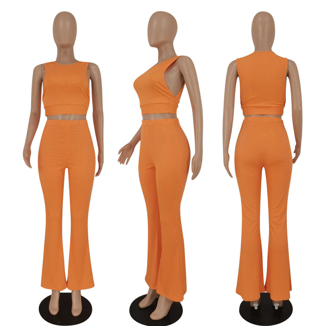 Tracksuit Women Fashion Clothing 2023 Casual Two Piece Set Solid Color Pit Striped Sleeveless Vest Tank Top Flared Pants 2pcs Sets
