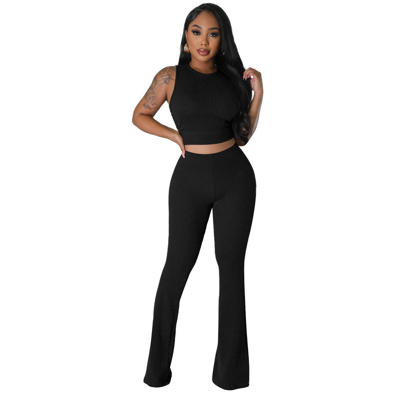 Tracksuit Women Fashion Clothing 2023 Casual Two Piece Set Solid Color Pit Striped Sleeveless Vest Tank Top Flared Pants 2pcs Sets