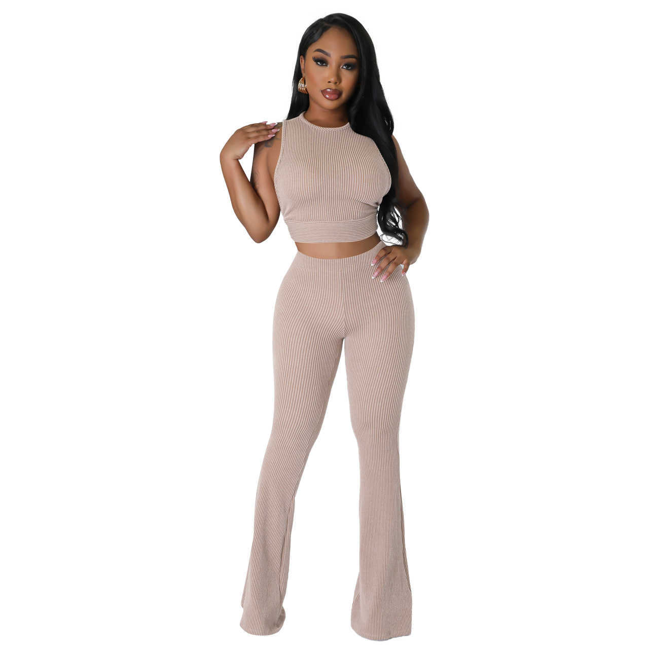 Tracksuit Women Fashion Clothing 2023 Casual Two Piece Set Solid Color Pit Striped Sleeveless Vest Tank Top Flared Pants 2pcs Sets