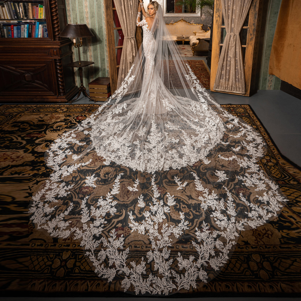 Modest Asymmetrical Hem Bridal Veils With Comb One Layere 3 Meters Wedding Veil Lace Appliques Mariages Hair Wear
