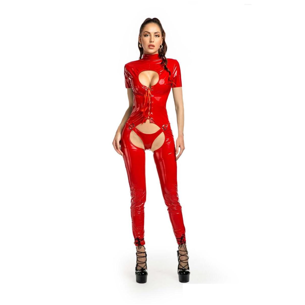 Catsuit Costumes Latex Faux Leather Women Jumpsuit Hollow Out Stretch Pvc Lingerie Bodysuit Gay Fetish Costume Sexy Erotic Suit Drop Dhyws
