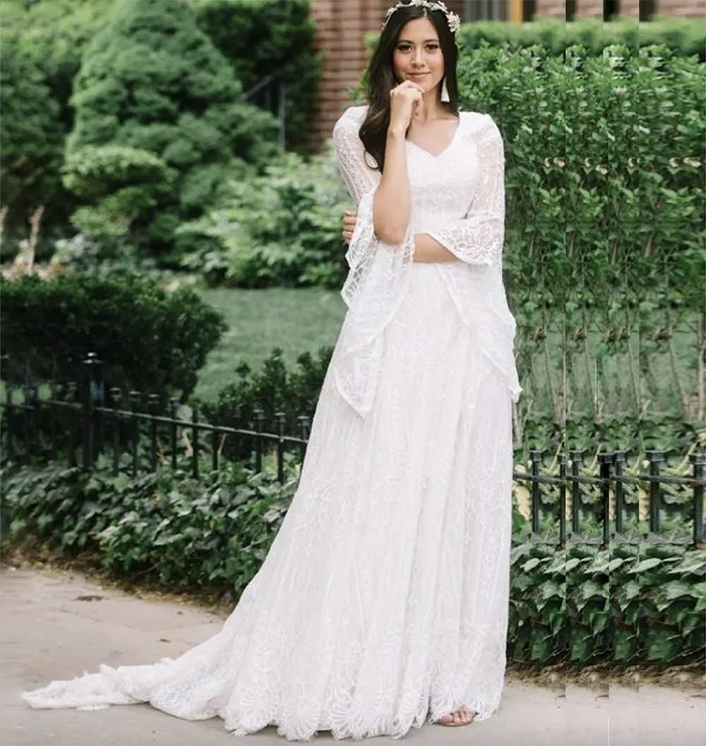 Bride Wedding Dress New Sumemr Beach Lace V-Neck Batwing Sleeves Boho Chic Bridal Gowns Robe De Mariage Vestidos 0431