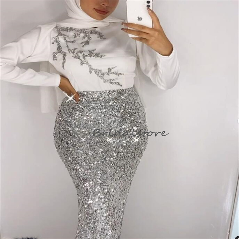 Bling Sequin Arabic Prom Dress 2023 Contrast Mermaid High Neck Muslim Evening Skirt Long Sleeve Abaya Turkish Formal Party Dress For Special Occasions