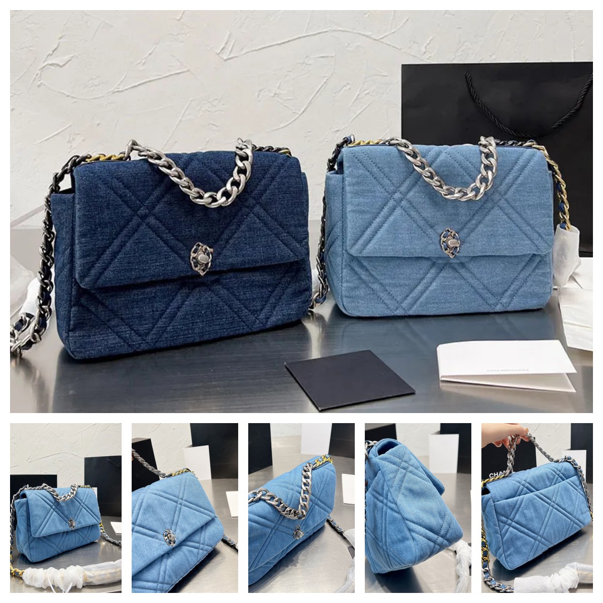 CC 19 Handbag Flap Blue Denim Bag Gold Silver Tone Ruthenium Finish Metal Thick Chain Gabrielle Classic Quilted Purses, Sky blue- denim 26cm
CC 19 Handbag Flap Blue Denim Bag Gold Silver Tone Ruthenium Finish Metal Thick Chain Gabrielle Classic Quilted Purses, Sky blue- denim 26cm