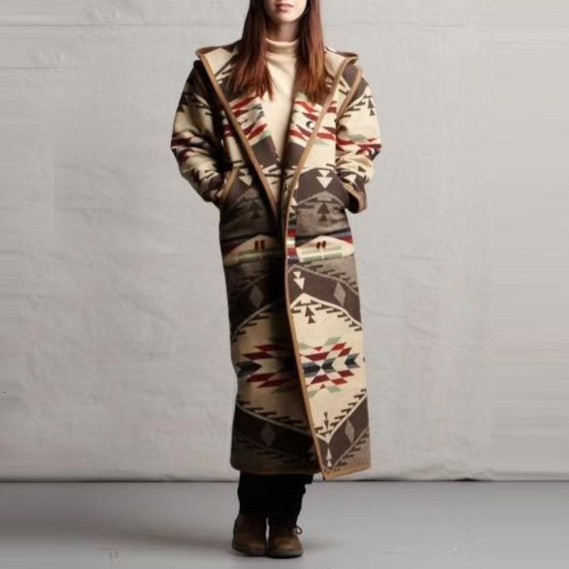 Women' Blends Long Overcoat Female Loose Thicken Single Breasted Casual Hooded Jacket Vintage Printing Elegant Winter Coats 230615