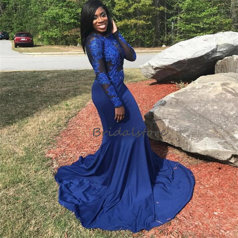 Black Girls Royal Blue Prom Dress With Lace Elegant African Mermaid Tight Long Sleeve Evening Gowns Women Formal Dinner Party robe de soiree 2023 vest