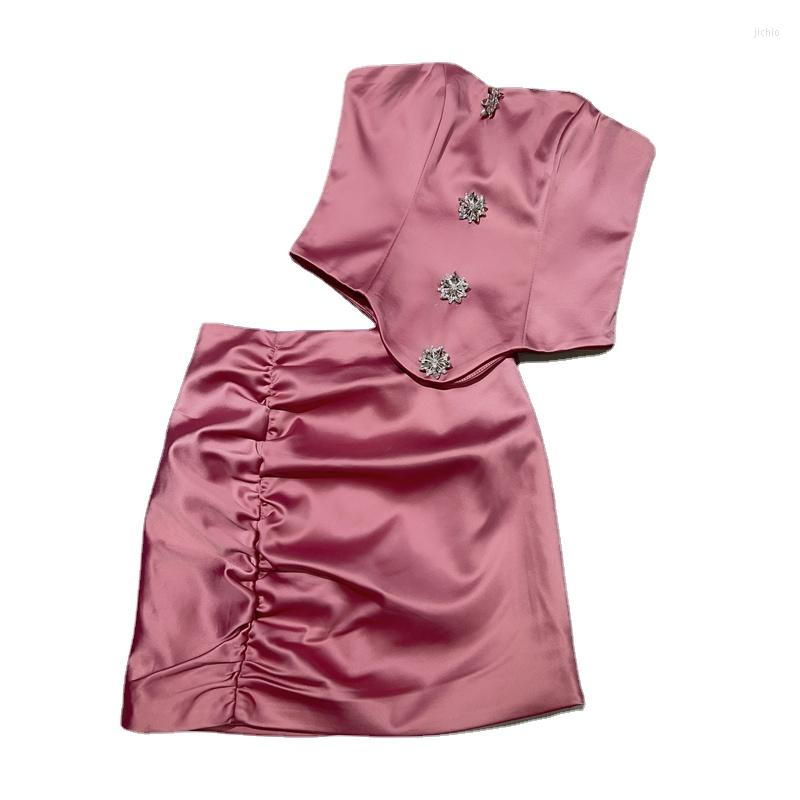 Work Dresses 2023 Summer Satin Skirt Set 2 Piece Sets Women Rhinestone Buckle Tube Top Slim Fit Slimming High Waist Short Sexy Outfit
