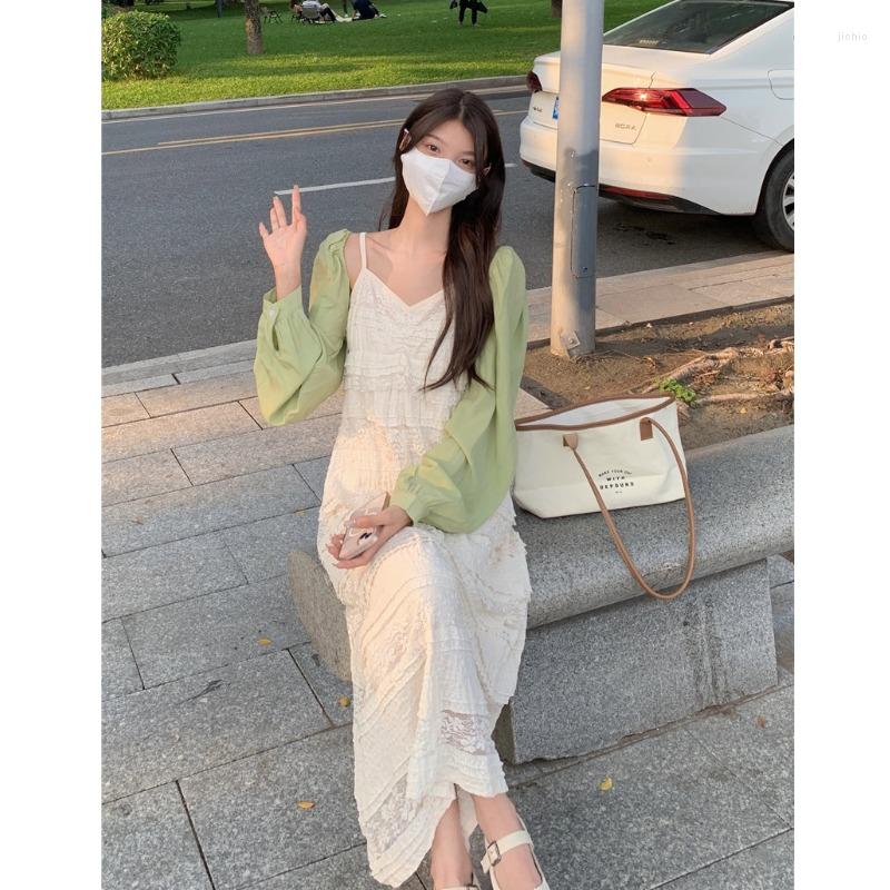 Work Dresses GkyocQ 2023 Summer Dress Sets Solid Short Shawl V Neck Lace Slim Waist Suspender For Women Two Piece Female Outfits