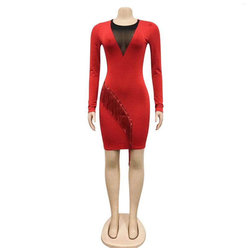 Casual Dresses Women Night Club Drill Mesh See-through Fringe Hip Slim 2024 Spring Long Sleeve Fashion Sexy Party