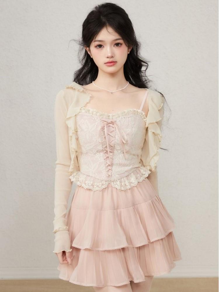 Work Dresses Sweet Blouses Sets Women All-match Chiffon Sunscreen Cardigan Lace Tank Mini Pleated Skirts 3 Pieces Suits Streetwear Korean