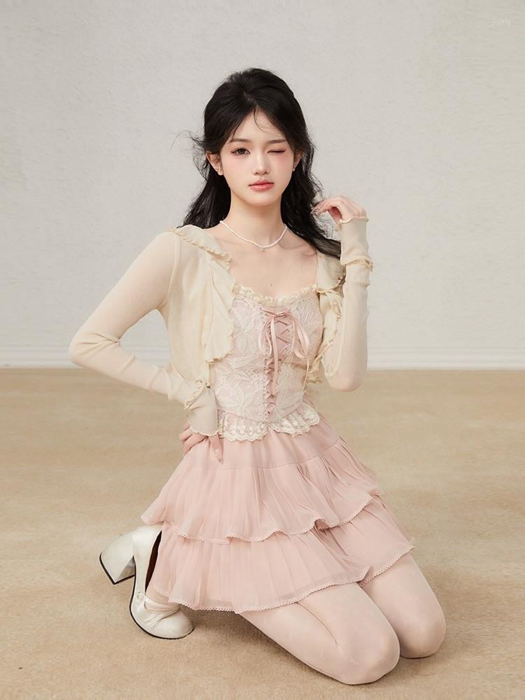 Work Dresses Sweet Blouses Sets Women All-match Chiffon Sunscreen Cardigan Lace Tank Mini Pleated Skirts 3 Pieces Suits Streetwear Korean
