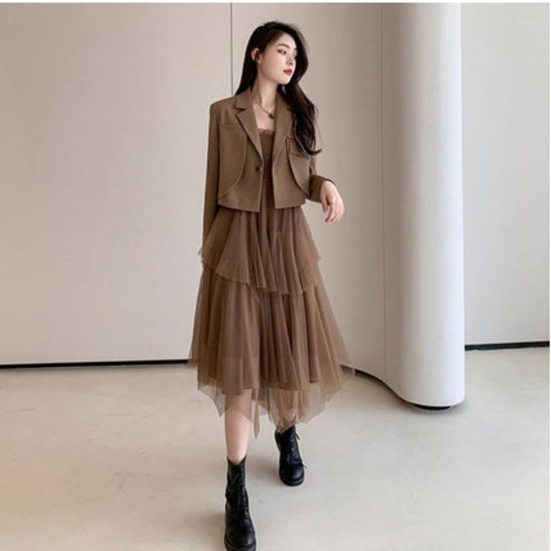 Work Dresses Design Korean Women Fashion Elegant Blazer Vintage Two Piece Set Advanced Slingdress Blazers Femme Robe Vestido De Mujer