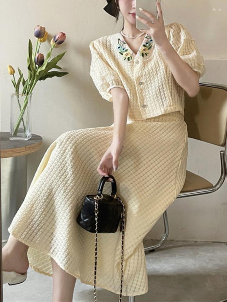 Work Dresses Elegant French Fairy Party Suits Style Women Casual Floral Crop Tops Pure Color Midi Skrits 2023 Summer Korean Fashion Outfits