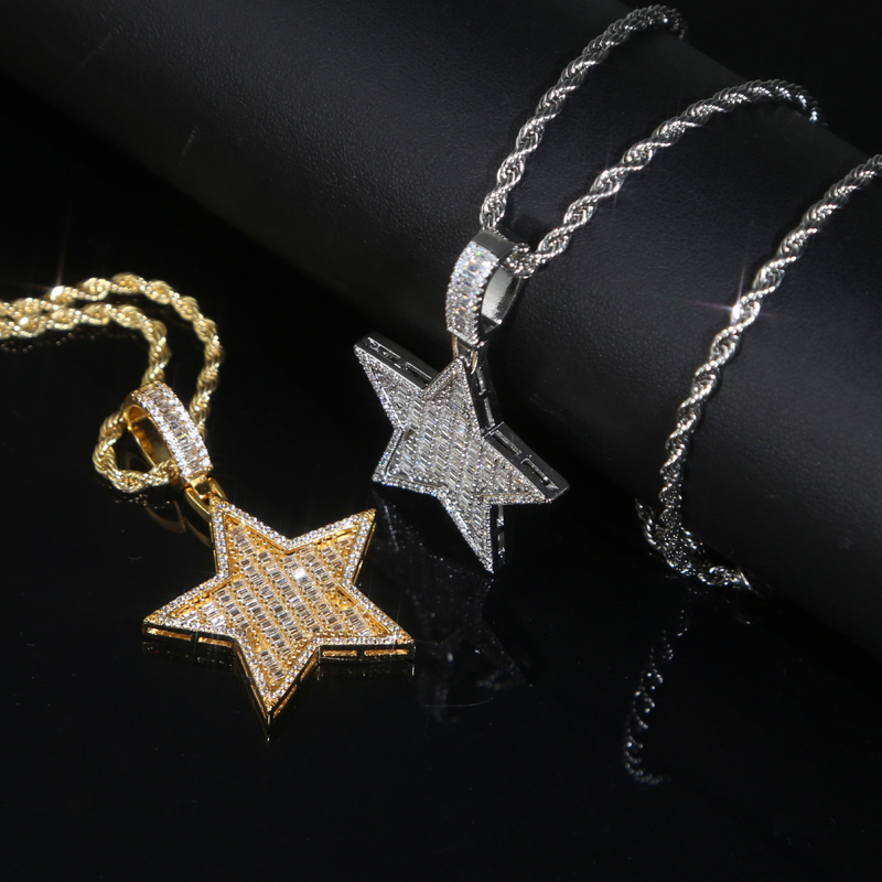 Zircon Star Pendant Necklace Hip Hop 5 point star Bling for Men women Fashion Simple jewelry