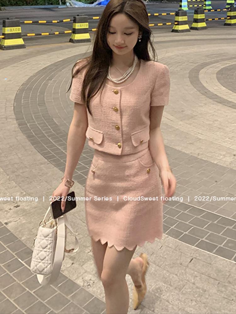 Work Dresses Small Fragrant Vintage Tweed Matching Sets Short Sleeve Single-breasted Crop Top Two Piece Set Women Jacket Skirt Suits
