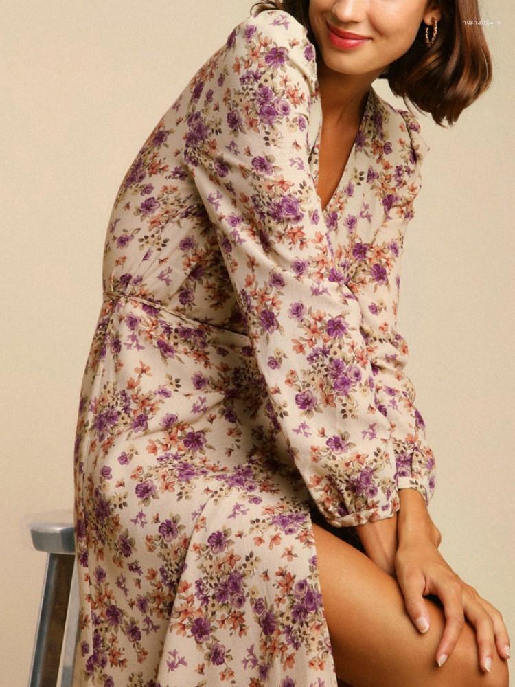 Casual Dresses Autumn Womens Printed V-Neck Long Sleeve Midi Dress Ladies French Single Breasted Lace Up Slim A-line