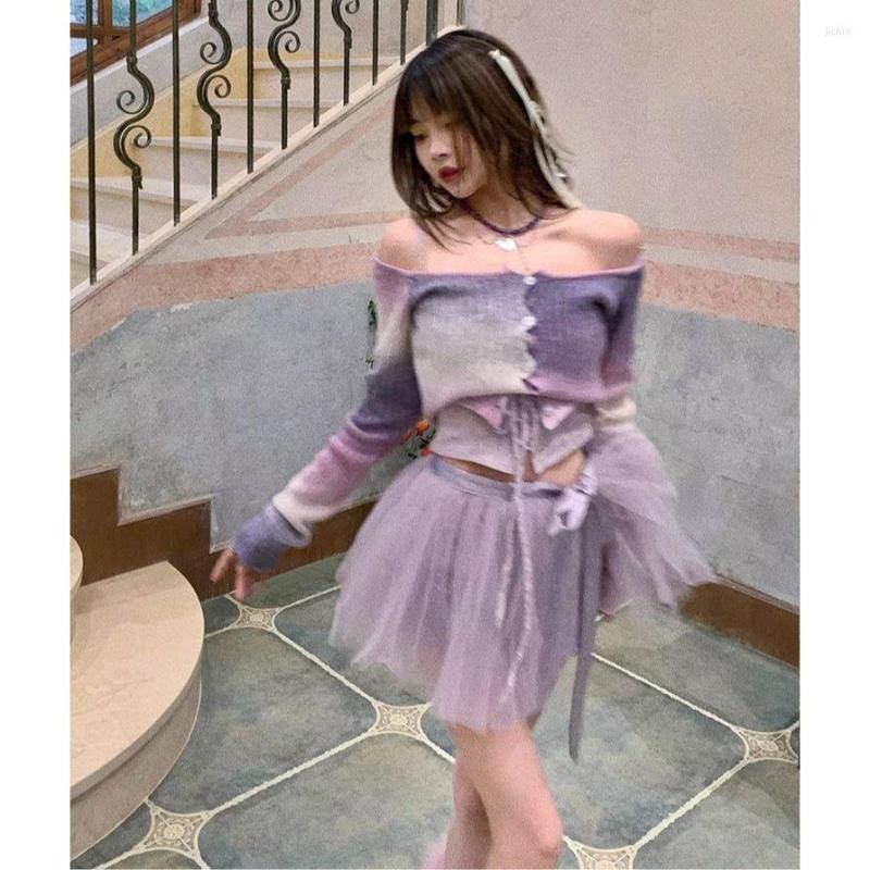 Work Dresses Summer Women Skirts Set Ballet Girl Style Gradient One Line Neck Knit Top Purple Mesh Princess Fluffy Short Skirt Two Piece