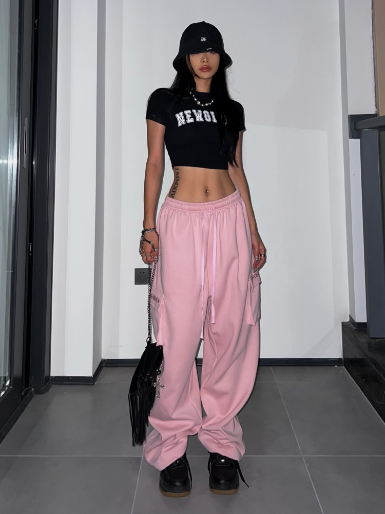 Women's Pants Capris HOUZHOU Y2K Pink Cargo Parachute Pants Oversize Hip Hop Jogging Sweatpants Egirl 90s Aesthetic Vintage Wide Leg Trousers Fem