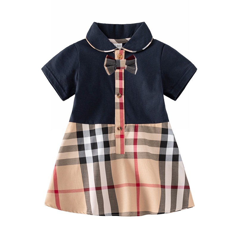 Newborn Baby Girls Princess Dresses Summer Kids Short Sleeve Dress Turn-Down Collar Girl Plaid Dresses Children Clothes