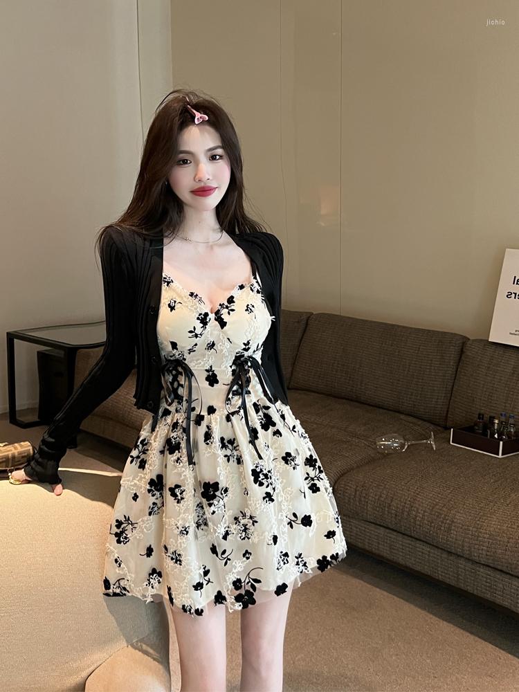 Work Dresses GkyocQ Women Dress Sets Solid Knitted Cardigan Floral Print Lace Bandage Korean Fashion Two Piece Set Chic Outfits
