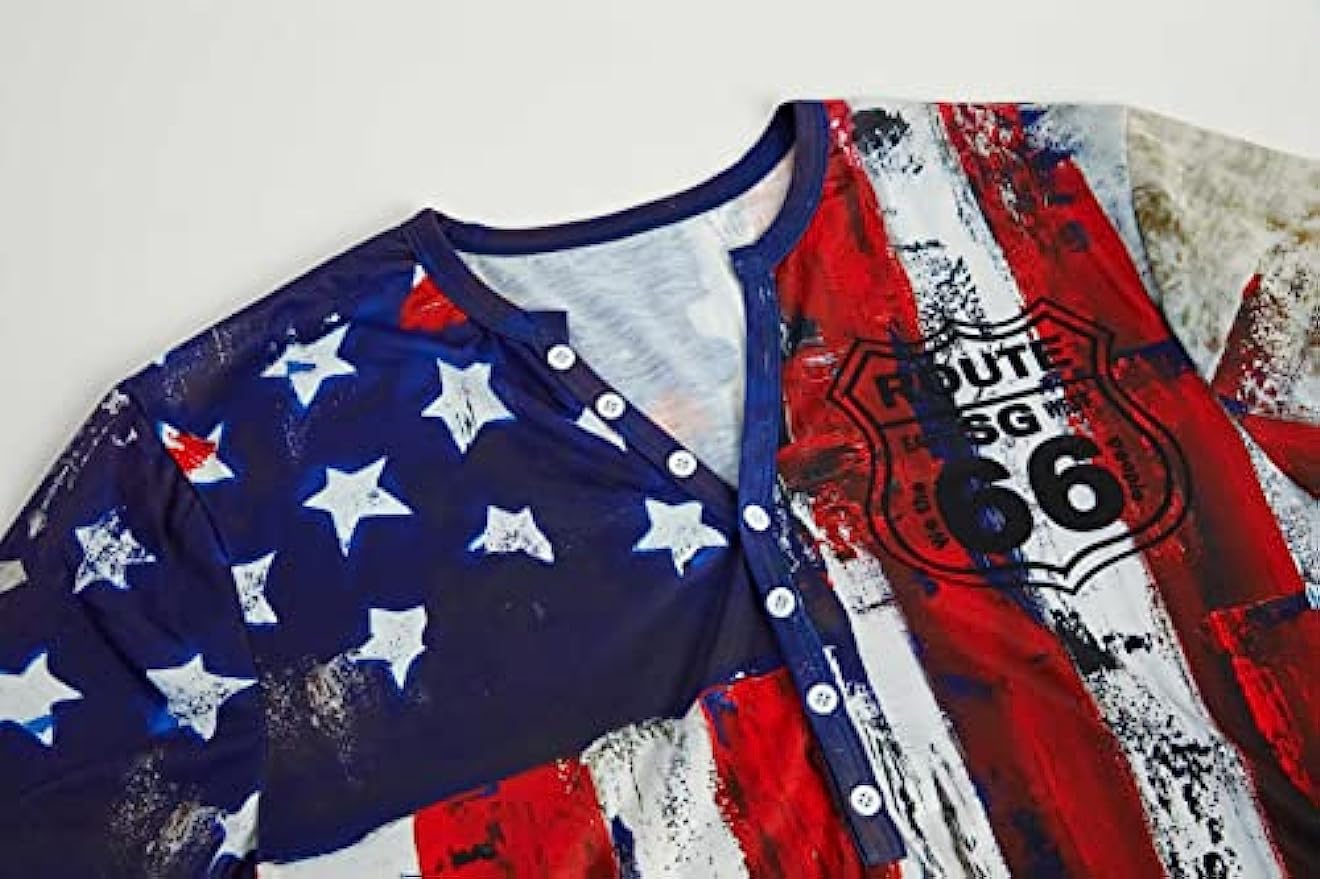 Mens 4th of July T Shirts Independence Day American Flag Route 66 Vintage Henley Button Shirt