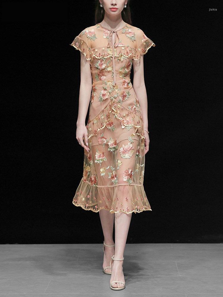 Party Dresses 2023 Women Embroidered Summer Dress Vintage Runway Fashion Designer Floral Ruffle Mesh Elegant Ladies Mermaid Vestidos