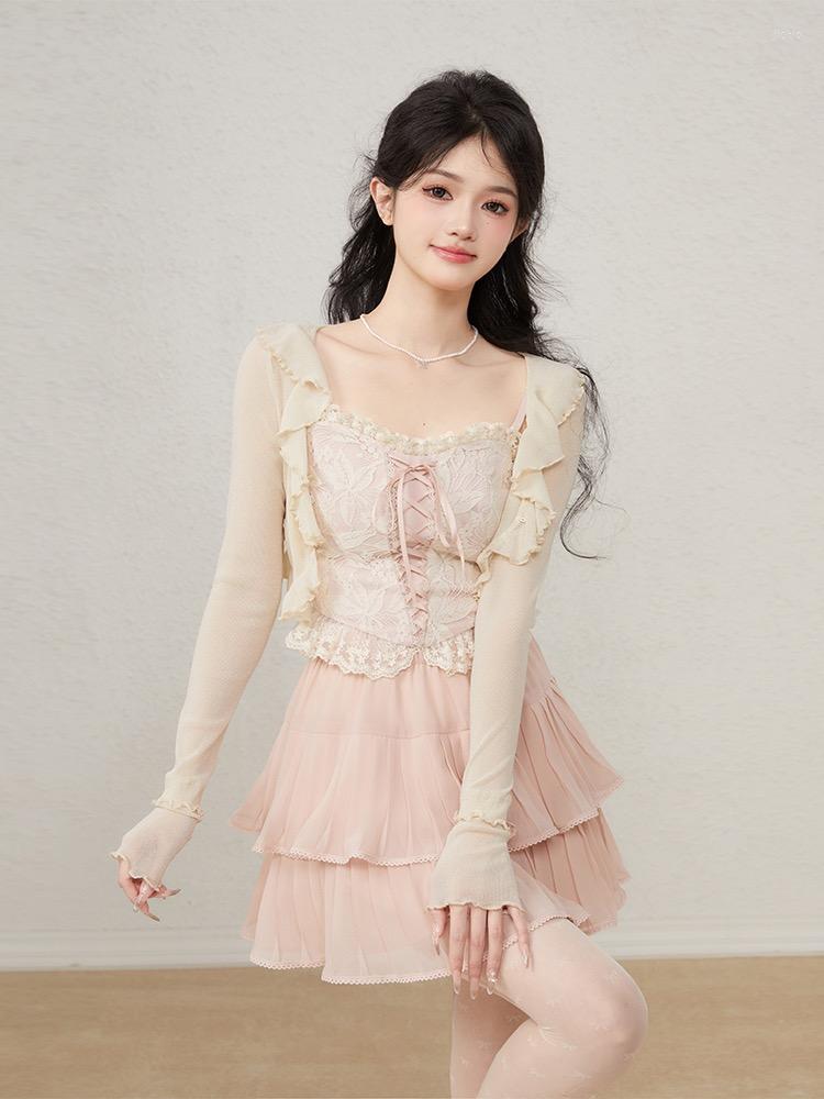 Work Dresses Sweet Blouses Sets Women All-match Chiffon Sunscreen Cardigan Lace Tank Mini Pleated Skirts 3 Pieces Suits Streetwear Korean