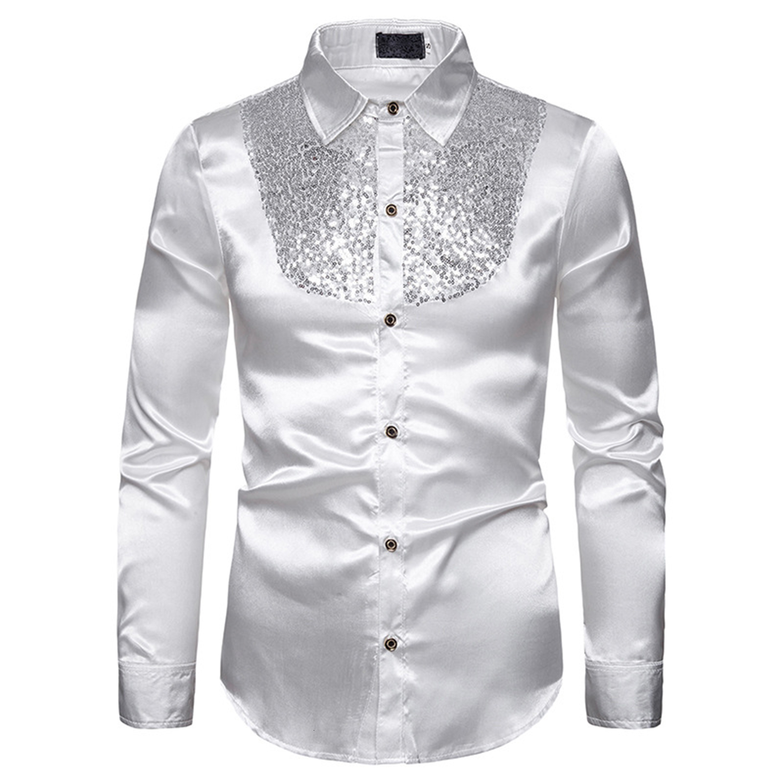 Men's Dress Shirts Men's Shirt Sequined Performance Nightclub Men's Host MC Men's Lapel Long Sleeve Solid Color Shirt Mens Dress S