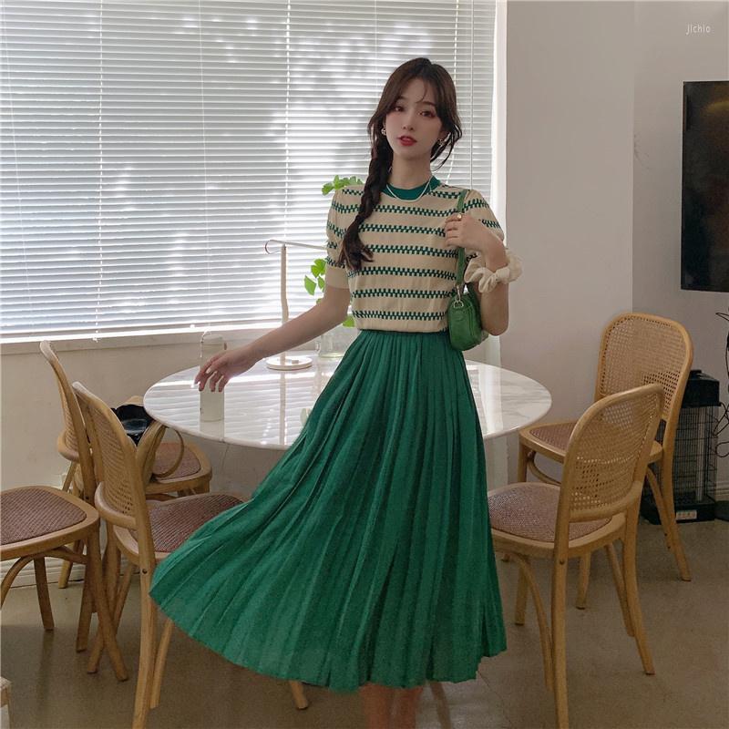 Work Dresses 2023 Summer Womens Dress Sets Stylish Striped Knitted T Shirt Pleated Skirt Casual Green Chic