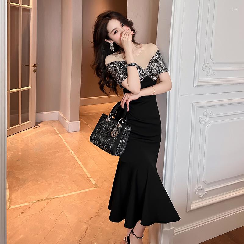 Party Dresses 2024 Luxury Formal Women Bandage Dress Elegant Patchwork Slim Mermaid French O-Neck Strapless Wrap Hip Bodycon