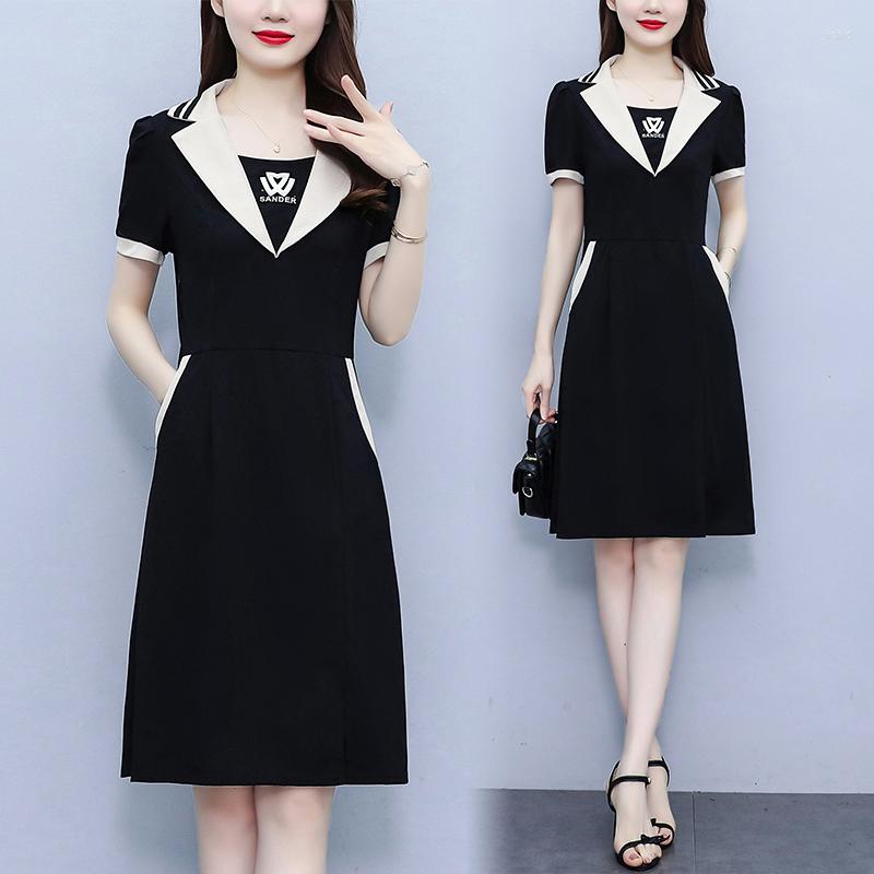 Party Dresses Summer Women Elegant Midi Dress Suit Collar Short Sleeve Casual Plus Size Hight Waist Black A Line Vestidos Female Clothes