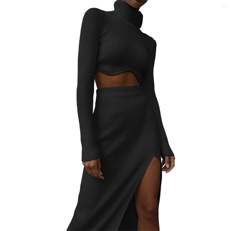 Work Dresses LEOSD Ensembles De Jupes Threaded High Collar Irregular Half Skirt Slit Slim Suit Crop Tops And Dress Two Piece Set Women