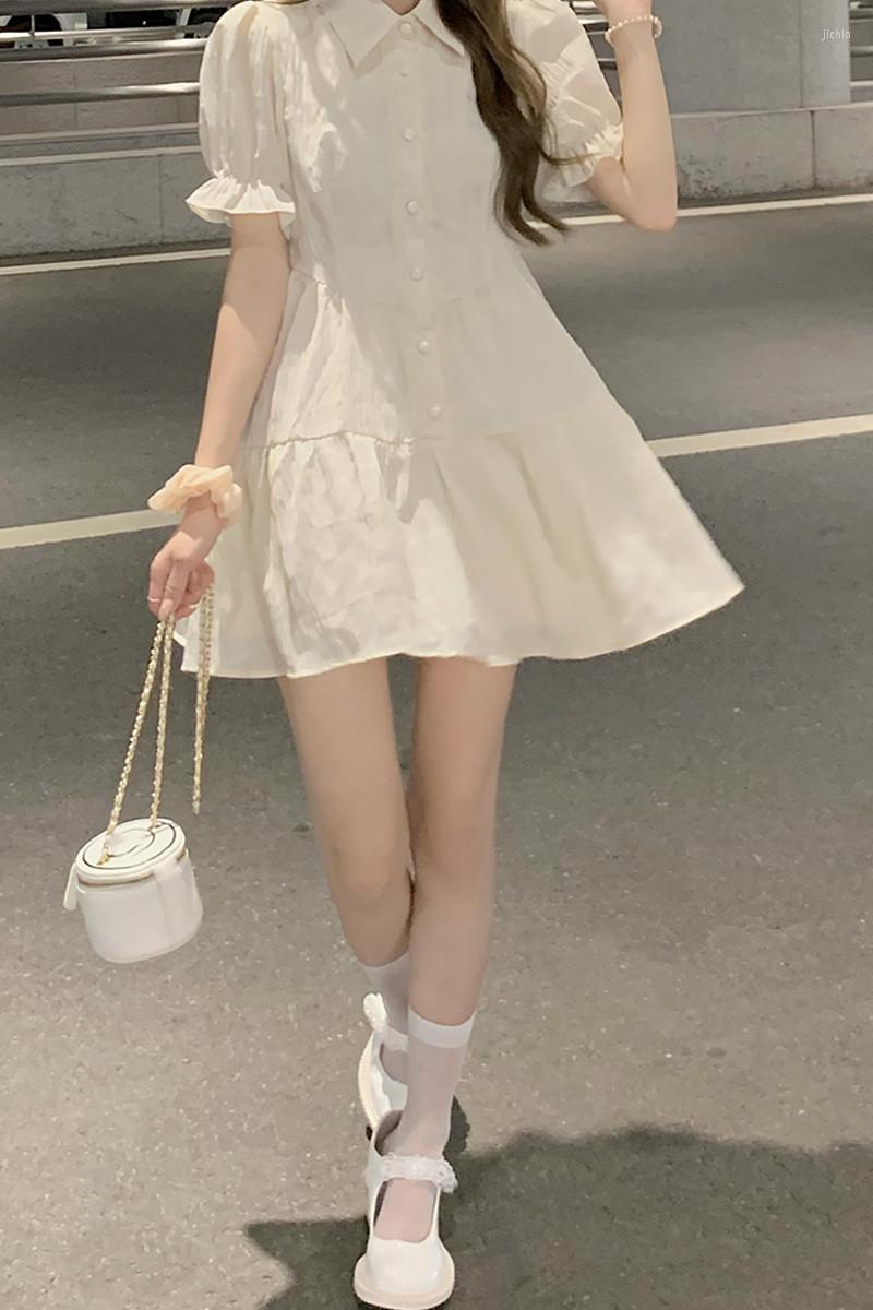 Casual Dresses 2023 Summer Short Puff Sleeve Shirt Dress Holiday Fashion Beige Mini Small Girl Slim Waist A Line Party