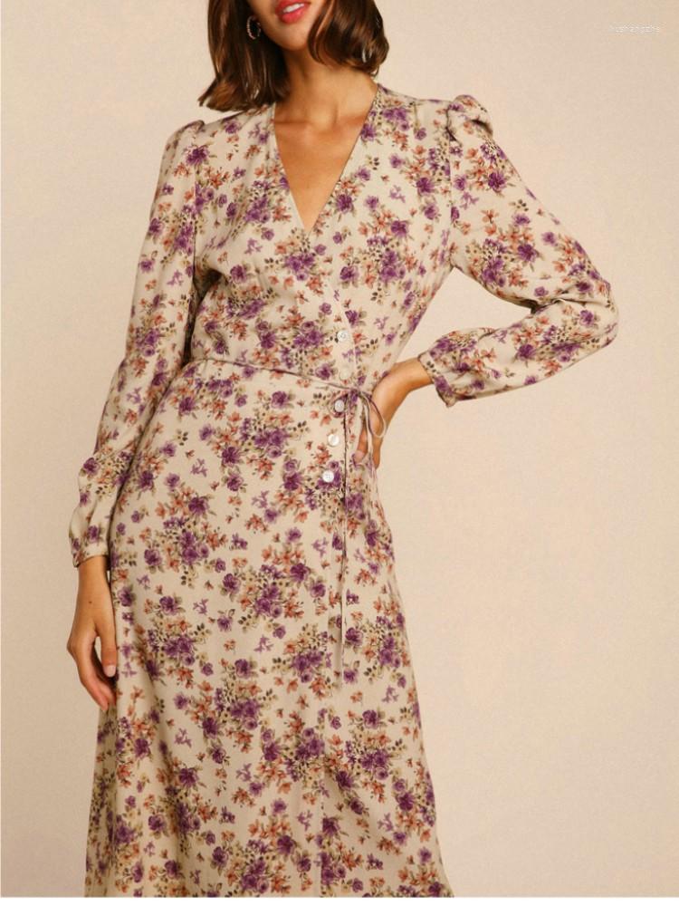 Casual Dresses Autumn Womens Printed V-Neck Long Sleeve Midi Dress Ladies French Single Breasted Lace Up Slim A-line