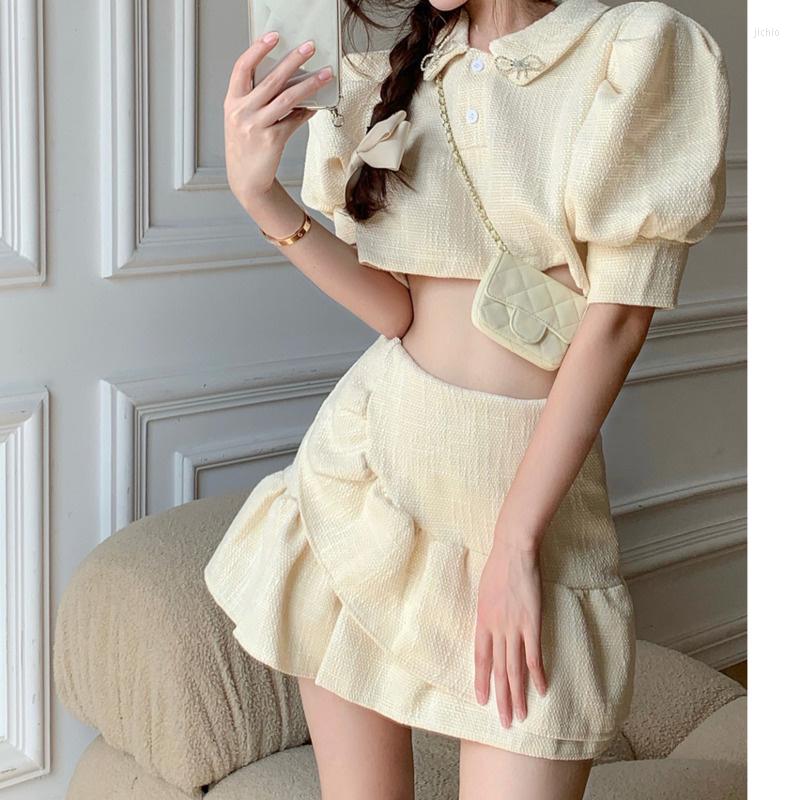 Work Dresses 2024 Summer Women Dress Suit Fashion Lantern Sleeve Turn-down Collar Solid Short Blouse Shirt High Waist Irregular Ruffles