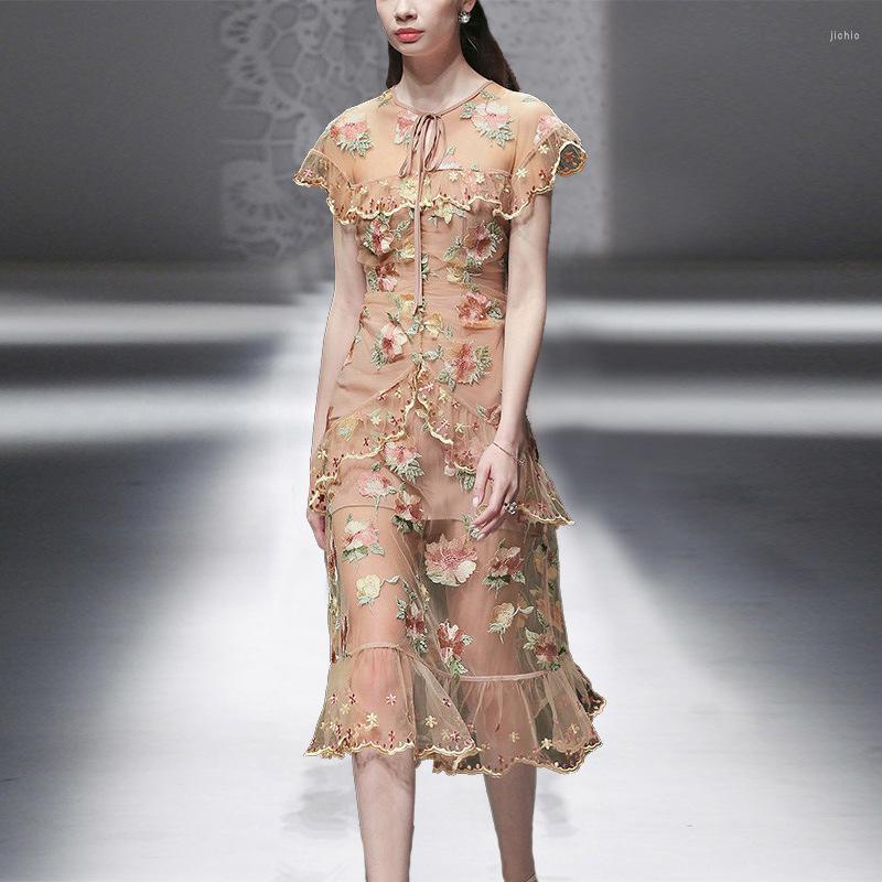 Party Dresses 2023 Women Embroidered Summer Dress Vintage Runway Fashion Designer Floral Ruffle Mesh Elegant Ladies Mermaid Vestidos