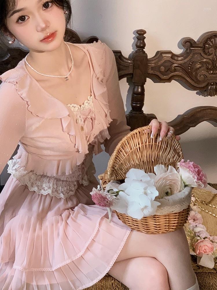 Work Dresses Sweet Blouses Sets Women All-match Chiffon Sunscreen Cardigan Lace Tank Mini Pleated Skirts 3 Pieces Suits Streetwear Korean