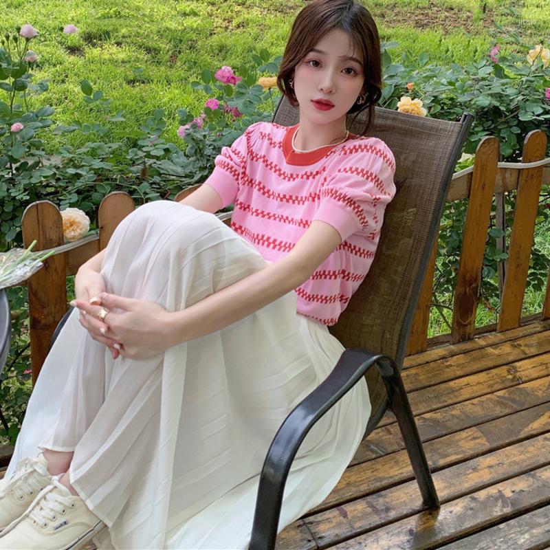 Work Dresses 2023 Summer Womens Dress Sets Stylish Striped Knitted T Shirt Pleated Skirt Casual Green Chic