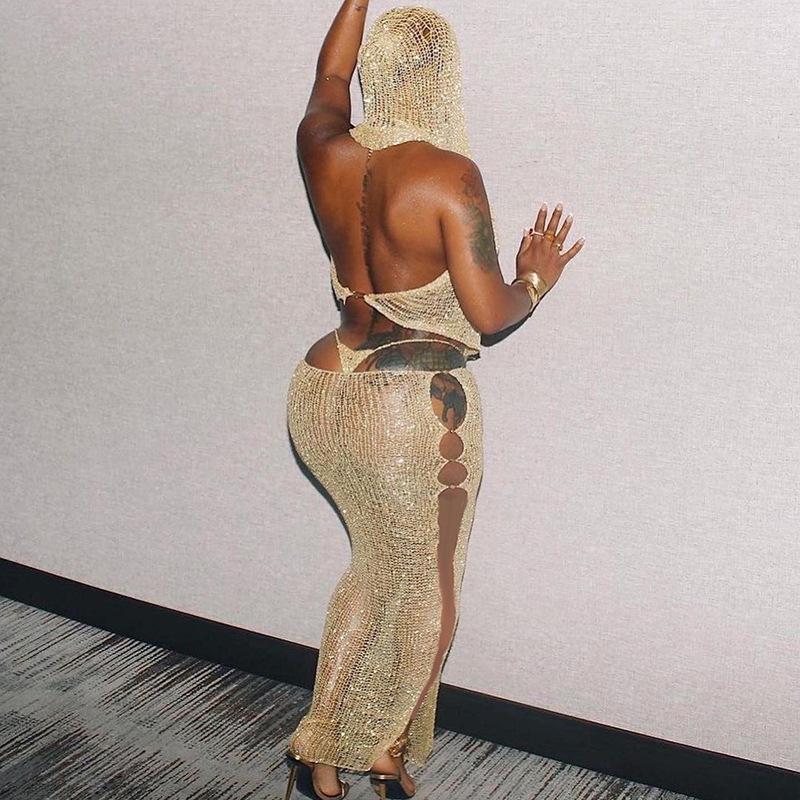 Work Dresses Sexy Sheer Mesh Sequined Flash 2 Piece Set Women Summer V Neck Hoodie Crop Top Hollow Out Long Skirts Club Party Outfits Y2K