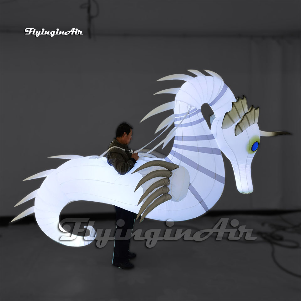 Fantastic Parade Performance White Walking Inflatable Seahorse Costume Wearable Blow Up Sea Animal Balloon Suit For Event