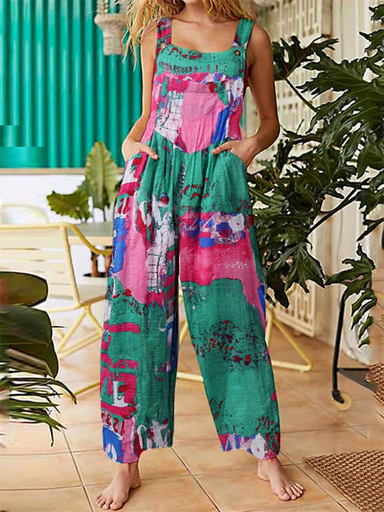 Women's Pants Capris Women Loose Suspender Trousers Tie-dye Print Wide Leg Pants Summer Fall Bohemian Grunge Casual Long Pants Female Streetwear 