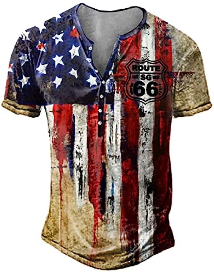 Mens 4th of July T Shirts Independence Day American Flag Route 66 Vintage Henley Button Shirt