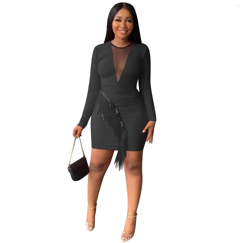 Casual Dresses Women Night Club Drill Mesh See-through Fringe Hip Slim 2024 Spring Long Sleeve Fashion Sexy Party