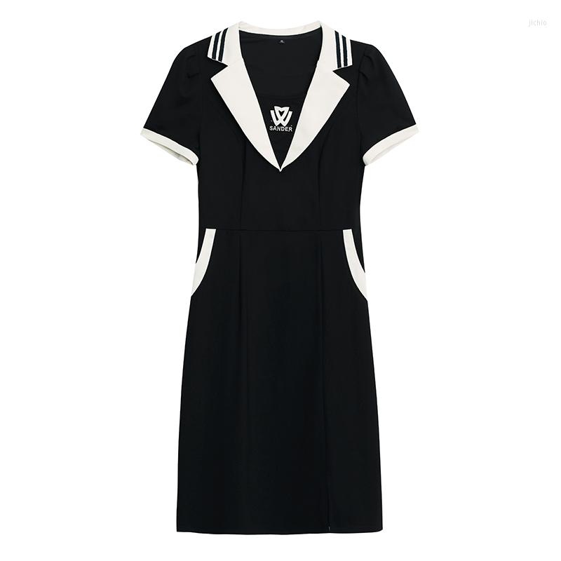 Party Dresses Summer Women Elegant Midi Dress Suit Collar Short Sleeve Casual Plus Size Hight Waist Black A Line Vestidos Female Clothes