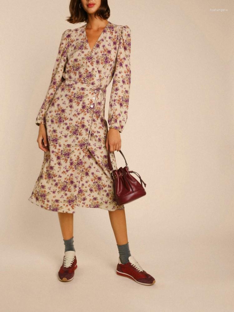Casual Dresses Autumn Womens Printed V-Neck Long Sleeve Midi Dress Ladies French Single Breasted Lace Up Slim A-line