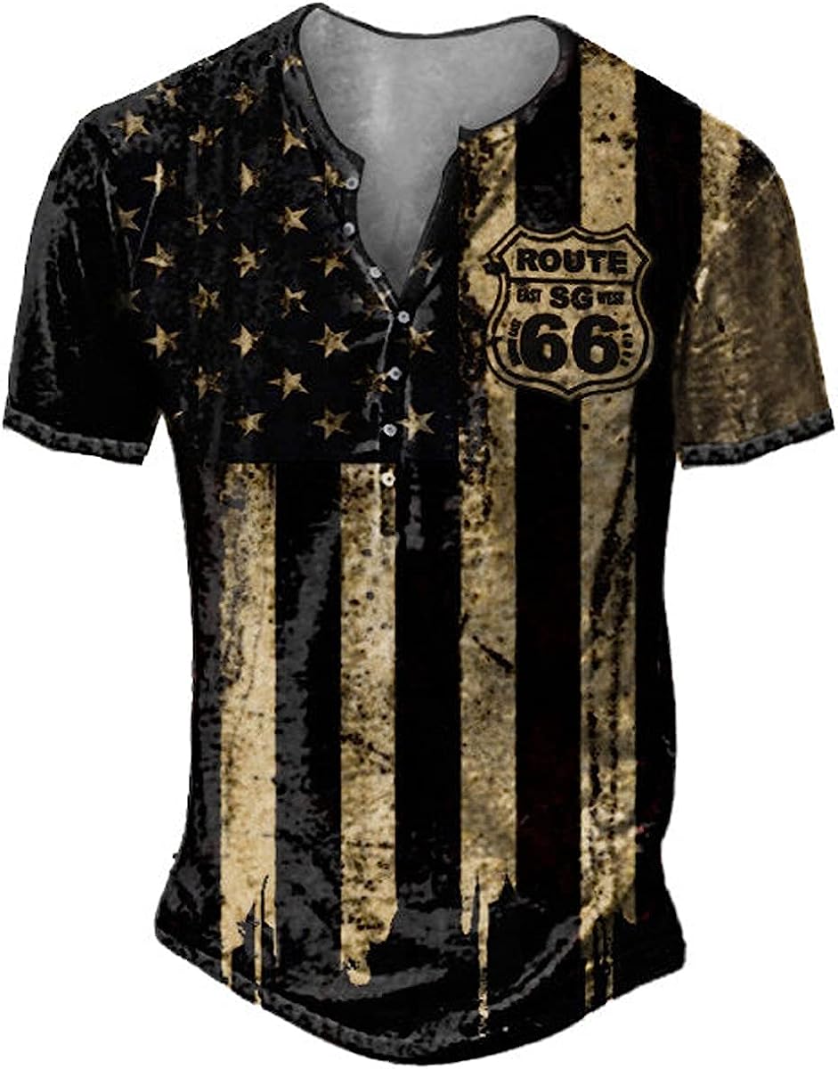 Mens 4th of July T Shirts Independence Day American Flag Route 66 Vintage Henley Button Shirt
