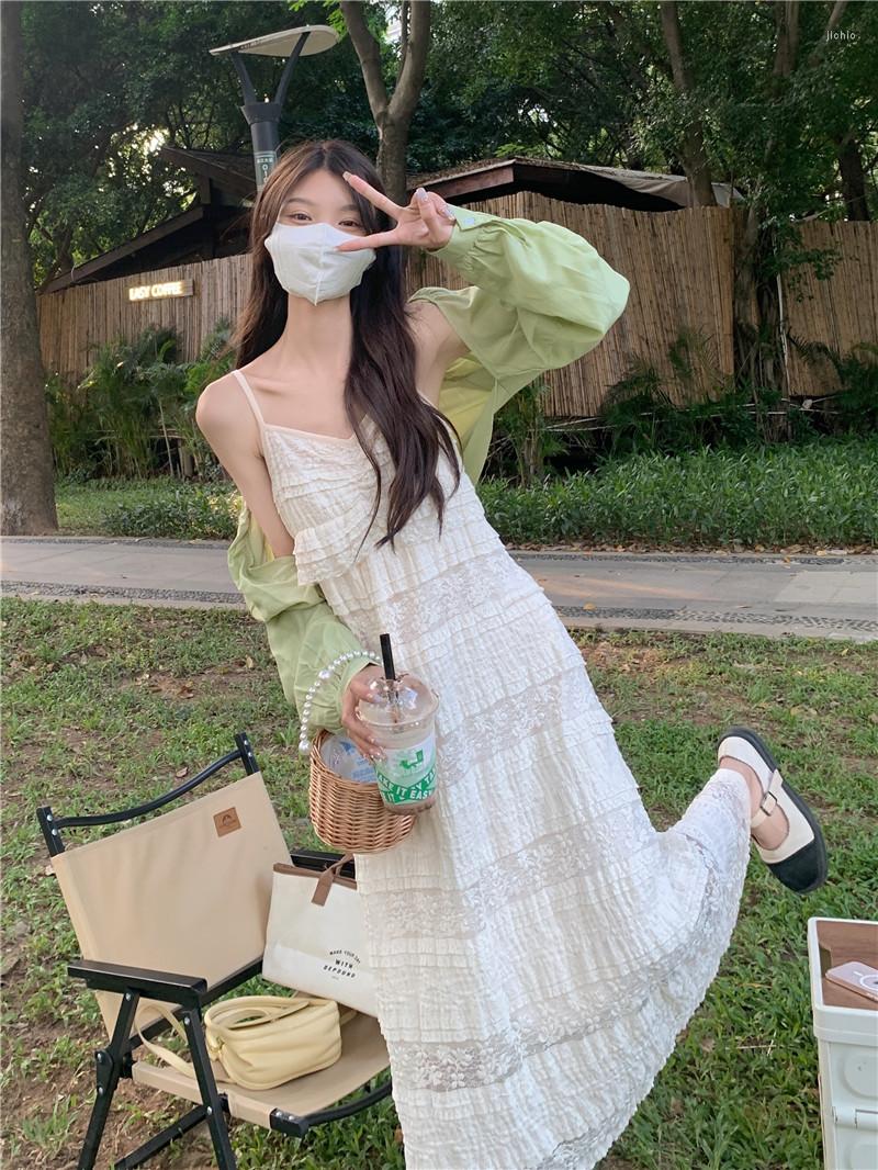 Work Dresses GkyocQ 2023 Summer Dress Sets Solid Short Shawl V Neck Lace Slim Waist Suspender For Women Two Piece Female Outfits