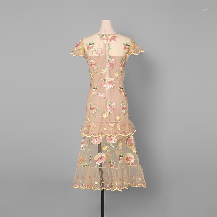Party Dresses 2023 Women Embroidered Summer Dress Vintage Runway Fashion Designer Floral Ruffle Mesh Elegant Ladies Mermaid Vestidos
