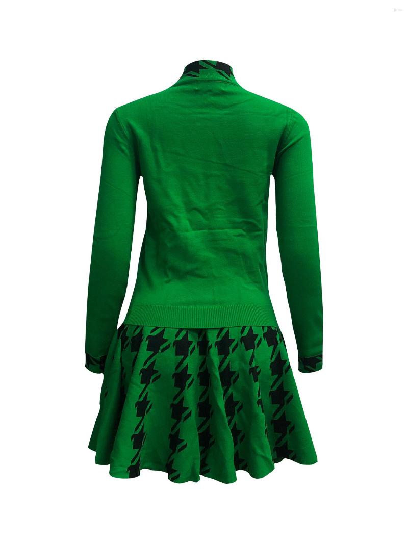 Work Dresses 2023 Autumn Winter Vintage Knitted Women Houndstooth High Waisted Slim Top A-line Classic Office Lady Versatile Tweed Skirt